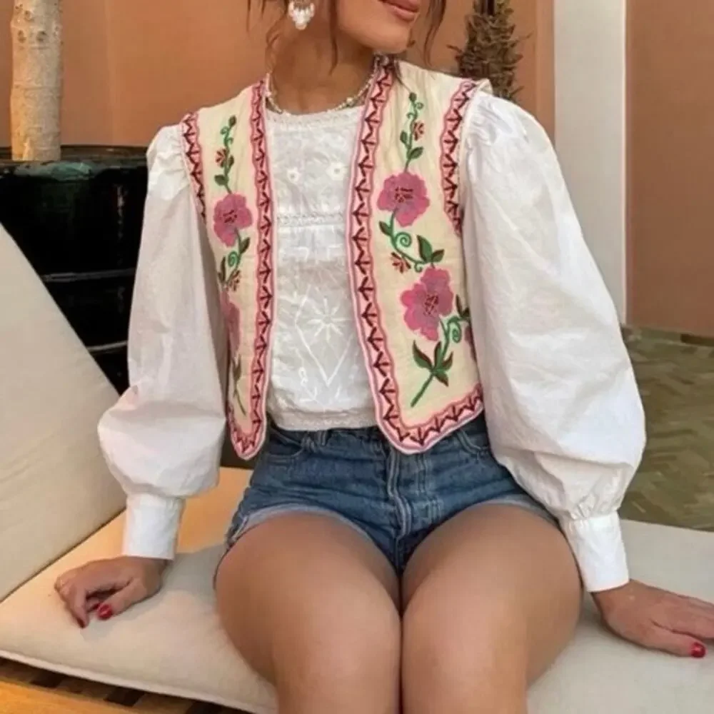 Zara Sz M Floral Embroidered Open Front Vest Cream Multicolor Folk Style - Picture 5 of 16